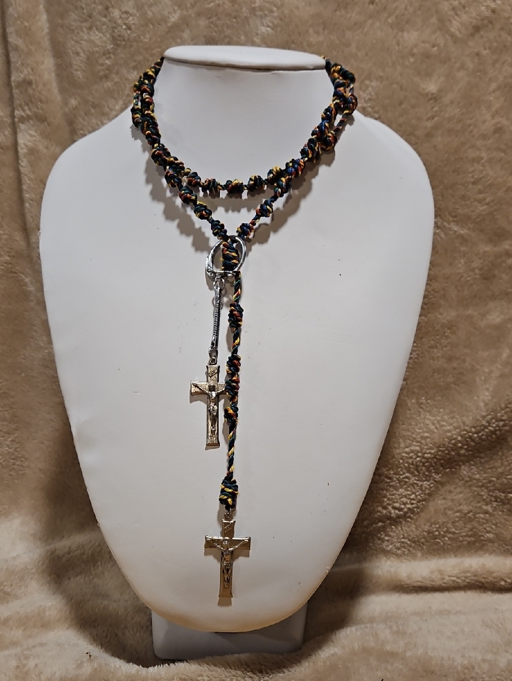 Multicolor Braided Rosary Necklace w/ Cross Pendant Plus Keychain.